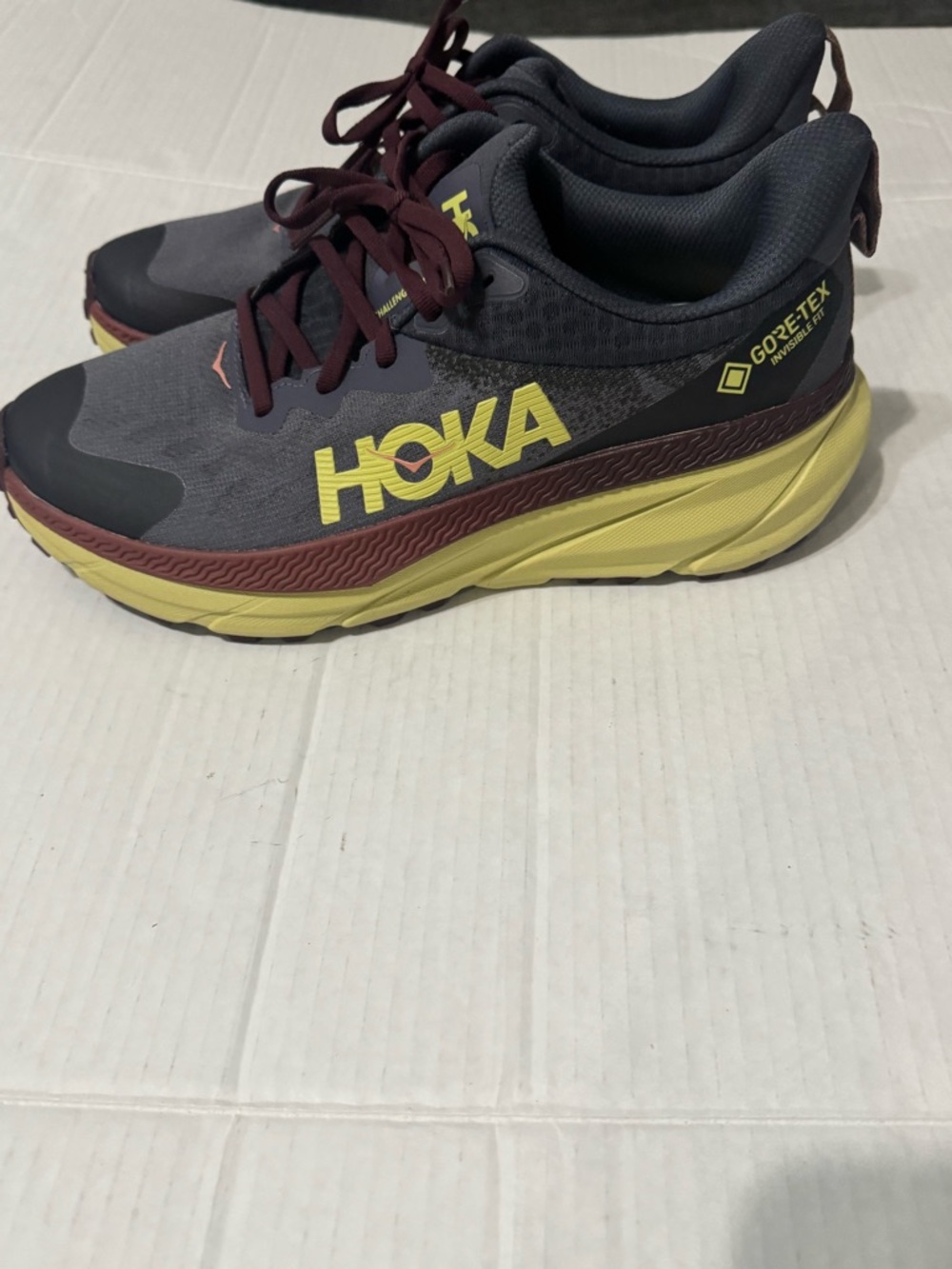 Hoka one jTrail Running Shoes — Gray with Yellow & Burgundy Accents